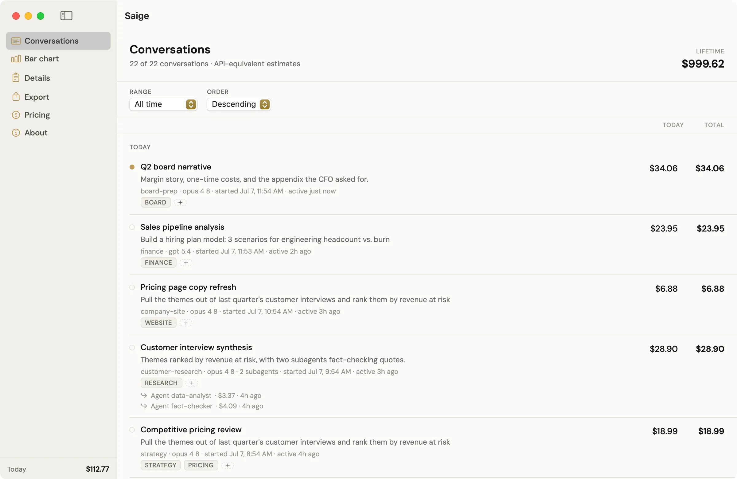 Saige's Conversations tab: a table of every conversation with columns for today's spend and lifetime total, inline rename, and tags.