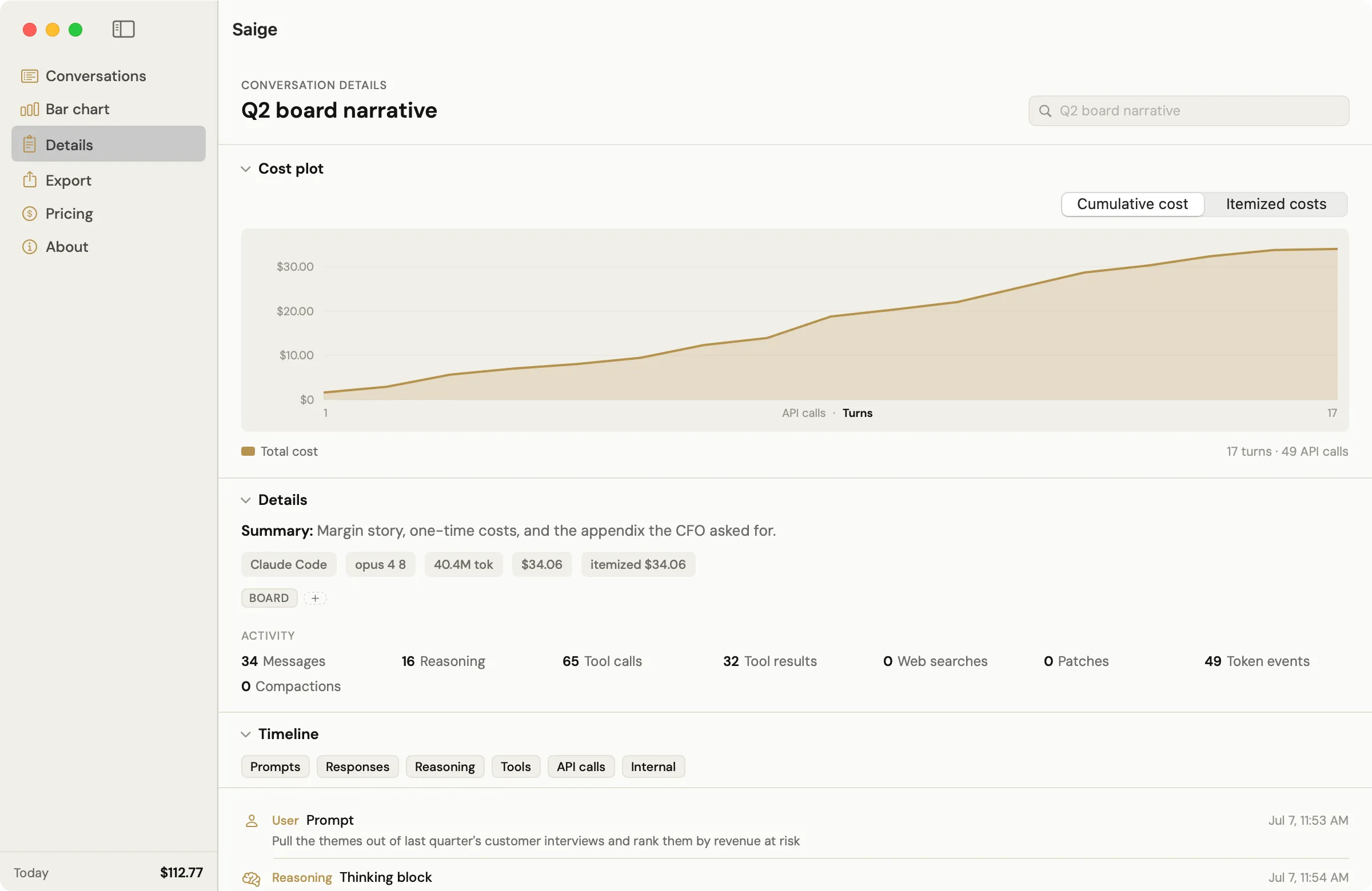 Saige's Details view for one conversation: a cumulative cost plot by turn, activity stats, and a filterable timeline of prompts, responses, tools, and per-API-call receipts.